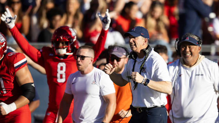 Nov 30, 2024; Tucson, Arizona, USA; Arizona Wildcats head coach Brent Brennan against the Arizona State Sun Devils during the Territorial Cup at Arizona Stadium. Mandatory Credit: Mark J. Rebilas-Imagn Images