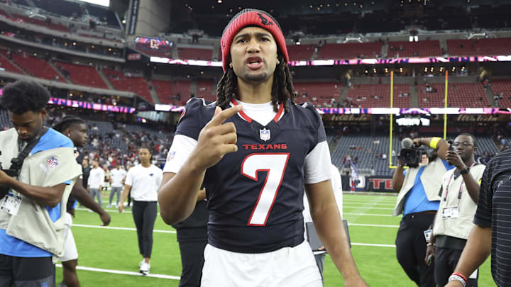 Aug 16, 2025; Houston, Texas, USA; Houston Texans quarterback C.J. Stroud (7) walks on the field after the game against the Carolina Panthers at NRG Stadium. Mandatory Credit: Troy Taormina-Imagn Images