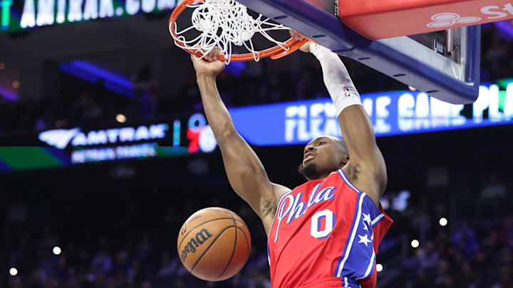 Jan 16, 2026; Philadelphia, Pennsylvania, USA; Philadelphia 76ers guard Tyrese Maxey (0) dunks the ball against the Cleveland Cavaliers during the second quarter at Xfinity Mobile Arena. Mandatory Credit: Bill Streicher-Imagn Images
