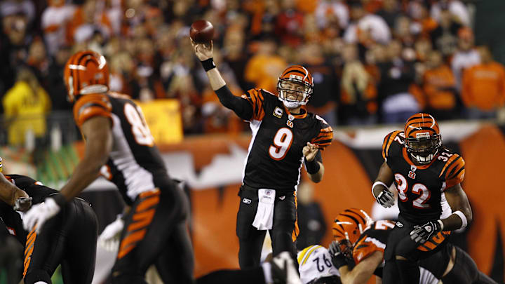 Nov 8, 2010; Cincinnati, OH, USA; Cincinnati Bengals quarterback Carson Palmer (9) passes in the first half against the Pittsburgh Steelers at Paul Brown Stadium. Mandatory Credit: Frank Victores-Imagn Images