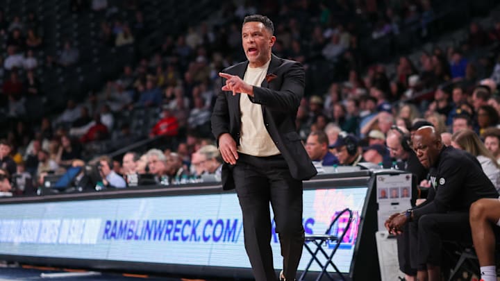 Jan 3, 2026; Atlanta, Georgia, USA; Georgia Tech Yellow Jackets head coach Damon Stoudamire coaches his team against the Boston College Eagles in the second half at McCamish Pavilion. Mandatory Credit: Brett Davis-Imagn Images
