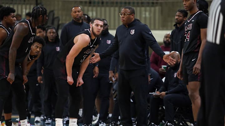 Dec 17, 2025; Tupelo, Mississippi, USA; Alabama A&M Bulldogs head coach Donte' Jackson reacts during the second half against the Mississippi Rebels at Cadence Bank Arena. Mandatory Credit: Petre Thomas-Imagn Images