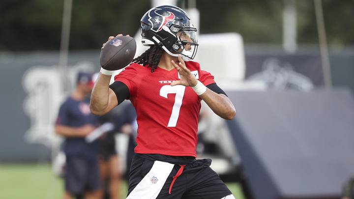 Jul 23, 2025; Houston, TX, USA;  Houston Texans quarterback C.J. Stroud (7) during training camp at Houston Methodist Training Center. Mandatory Credit: Troy Taormina-Imagn Images