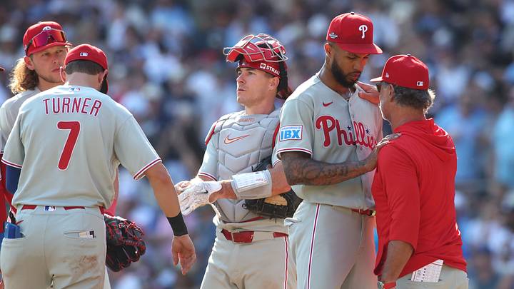 Sep 30, 2026; Cumberland, Georgia, USA;  Philadelphia Phillies interim manager Don Mattingly (8) takes the ball from pitcher Cristopher Sanchez (61) in the seventh inning against the Atlanta Braves during game two of the Wildcard round for the 2026 MLB Playoffs at Truist Park.  Mandatory Credit: Brett Davis-Imagn Images