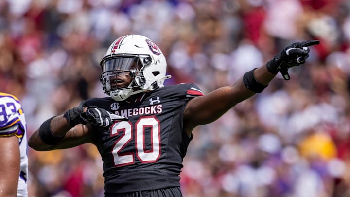Sep 14, 2024; Columbia, South Carolina, USA; South Carolina Gamecocks wide receiver Tyshawn Russell (21) celebrates after a first down against the LSU Tigers during the first quarter at Williams-Brice Stadium. Mandatory Credit: Scott Kinser-Imagn Images