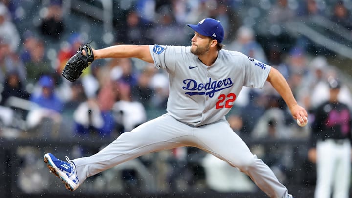 May 23, 2025; New York City, New York, USA; Los Angeles Dodgers starting pitcher Clayton Kershaw (22) pitches against the New York Mets during the first inning at Citi Field. Mandatory Credit: Brad Penner-Imagn Images