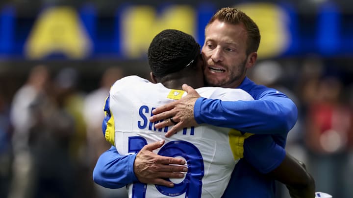 Sep 7, 2025; Inglewood, California, USA; Los Angeles Rams wide receiver Xavier Smith (19) hugs coach Sean McVay before the game against the Houston Texans at SoFi Stadium. Mandatory Credit: Kiyoshi Mio-Imagn Images Sep 7, 2025; Inglewood, California, USA; Los Angeles Rams wide receiver Xavier Smith (19) hugs coach Sean McVay before the game against the Houston Texans at SoFi Stadium. Mandatory Credit: Kiyoshi Mio-Imagn Images