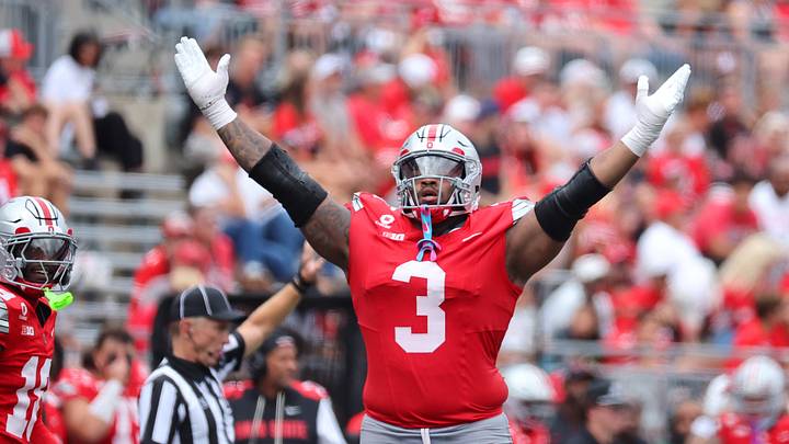 Sep 5, 2026; Columbus, Ohio, USA; Ohio State Buckeyes defensive tackle James Smith (3) celebrates his tackle for loss during the third quarter against the Ball State Cardinals at Ohio Stadium. Mandatory Credit: Joseph Maiorana-Imagn Images Sep 5, 2026; Columbus, Ohio, USA; Ohio State Buckeyes defensive tackle James Smith (3) celebrates his tackle for loss during the third quarter against the Ball State Cardinals at Ohio Stadium. Mandatory Credit: Joseph Maiorana-Imagn Images