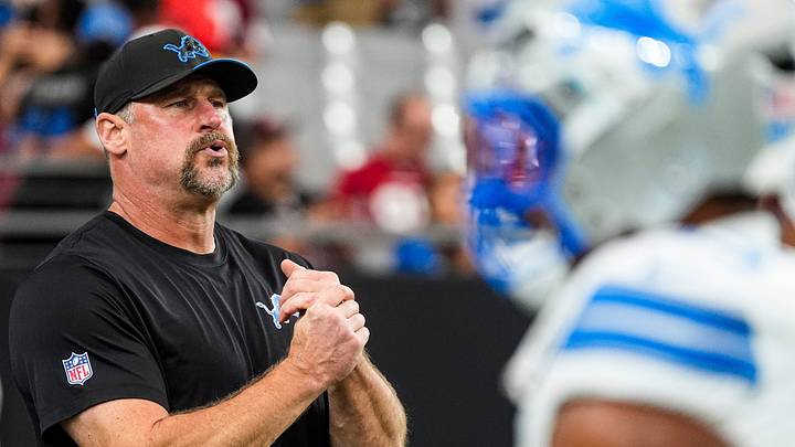 Detroit Lions head coach Dan Campbell looks on after warmup ahead of the game between Arizona Cardinals and Detroit Lions at State Farm Stadium in Glendale, Arizona on Sunday, Oct. 11, 2026.