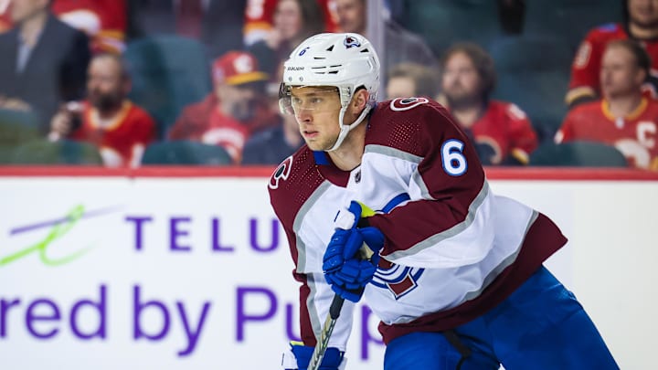 Jan 18, 2023; Calgary, Alberta, CAN; Colorado Avalanche defenseman Erik Johnson (6) skates against the Calgary Flames during the first period at Scotiabank Saddledome. Mandatory Credit: Sergei Belski-Imagn Images