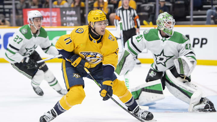 Feb 15, 2024; Nashville, Tennessee, USA; Nashville Predators left wing Mark Jankowski (17) skates