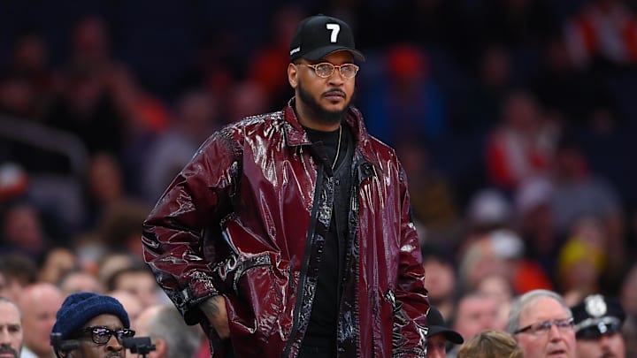 Jan 13, 2026; Syracuse, New York, USA; Naismith Memorial Basketball Hall of Fame member Carmelo Anthony during the second half between the Florida State Seminoles and the Syracuse Orange at the JMA Wireless Dome. Mandatory Credit: Rich Barnes-Imagn Images