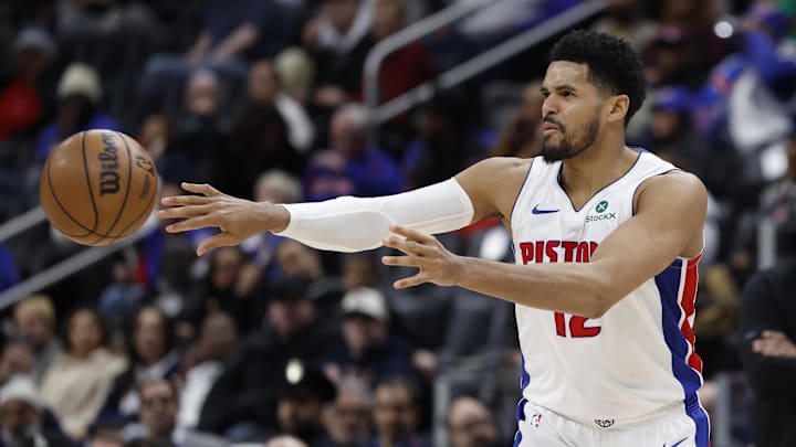 Jan 19, 2026; Detroit, Michigan, USA;  Detroit Pistons forward Tobias Harris (12) passes the ball in the second half against the Boston Celtics at Little Caesars Arena. Mandatory Credit: Rick Osentoski-Imagn Images