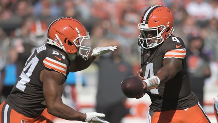 Oct 20, 2024; Cleveland, Ohio, USA; Cleveland Browns quarterback Deshaun Watson (4) hands off to running back Nick Chubb (24) during the first quarter against the Cincinnati Bengals at Huntington Bank Field. Mandatory Credit: Ken Blaze-Imagn Images Oct 20, 2024; Cleveland, Ohio, USA; Cleveland Browns quarterback Deshaun Watson (4) hands off to running back Nick Chubb (24) during the first quarter against the Cincinnati Bengals at Huntington Bank Field. Mandatory Credit: Ken Blaze-Imagn Images