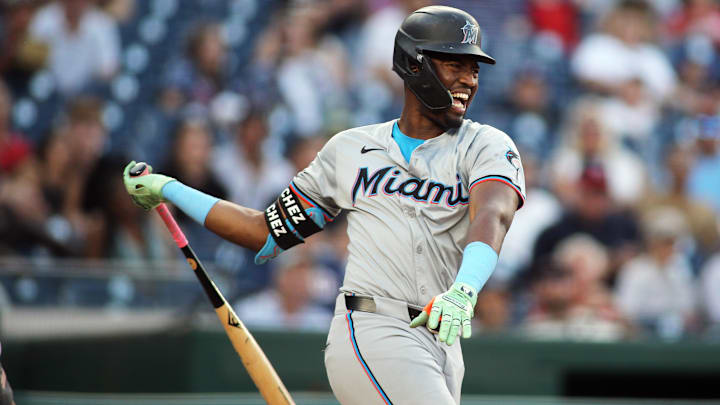 Washington, District of Columbia, USA; Miami Marlins outfielder Jesus Sanchez (12) strikes out against the Washington Nationals during the seventh inning at Nationals Park.