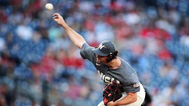 Sep 14, 2024; Washington, District of Columbia, USA; Washington Nationals pitcher Kyle Finnegan (67) delivers a throw during the ninth inning of a baseball game against the Miami Marlins, at Nationals Park. Mandatory Credit: Daniel Kucin Jr.-Imagn Images