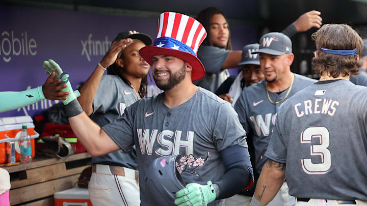Sep 14, 2024; Washington, District of Columbia, USA; Washington Nationals first baseman Juan Yepez (18) celebrates with his teammates after hitting a home run during the eighth inning of a baseball game against the Miami Marlins, at Nationals Park. Daniel Kucin Jr.-Imagn Images Sep 14, 2024; Washington, District of Columbia, USA; Washington Nationals first baseman Juan Yepez (18) celebrates with his teammates after hitting a home run during the eighth inning of a baseball game against the Miami Marlins, at Nationals Park. Daniel Kucin Jr.-Imagn Images