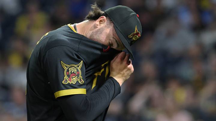 Sep 18, 2026; Pittsburgh, Pennsylvania, USA;  Pittsburgh Pirates starting pitcher Paul Skenes (30) reacts as he leaves the mound after pitching the fourth inning against the Kansas City Royals at PNC Park.  Mandatory Credit: Charles LeClaire-Imagn Images