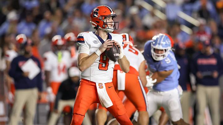 Oct 24, 2026; Chapel Hill, North Carolina, USA;  Syracuse Orange quarterback Steve Angeli (9) prepares to throw during the first half against North Carolina Tar Heels at Kenan Stadium.  Mandatory Credit: Cory Knowlton-Imagn Images