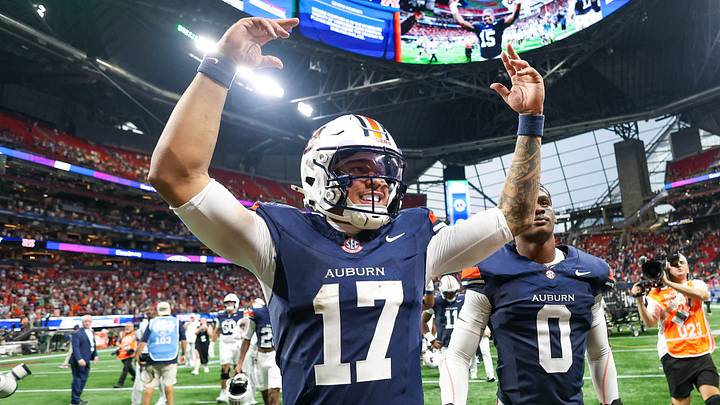 Auburn Tigers quarterback Byrum Brown (17) celebrates after a victory over the Baylor Bears at Mercedes-Benz Stadium. Auburn Tigers quarterback Byrum Brown (17) celebrates after a victory over the Baylor Bears at Mercedes-Benz Stadium.