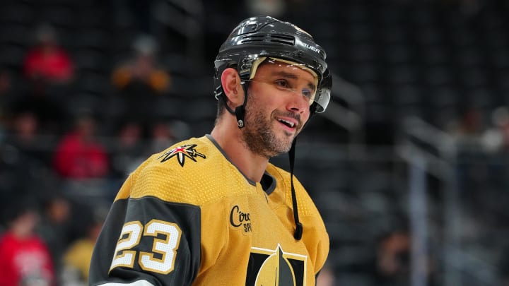 Feb 20, 2024; Las Vegas, Nevada, USA; Vegas Golden Knights defenseman Alec Martinez (23) warms up before a game against the Nashville Predators at T-Mobile Arena. Mandatory Credit: Stephen R. Sylvanie-USA TODAY Sports