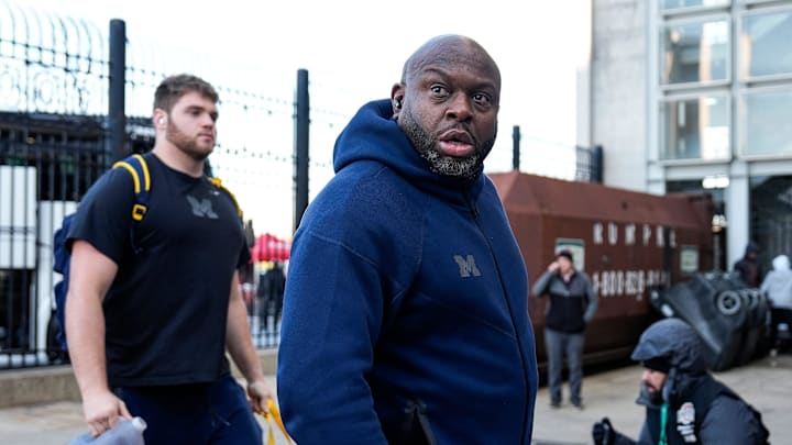 Michigan running backs coach Tony Alford walks off the bus as team arrive for the game between Ohio State and Michigan at Ohio Stadium in Columbus, Ohio on Saturday, Nov. 30, 2024.