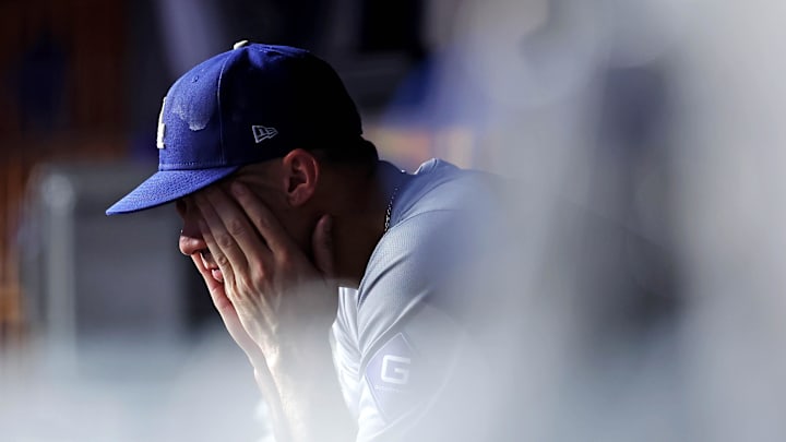 Oct 30, 2024; New York, New York, USA; Los Angeles Dodgers pitcher Jack Flaherty (0) reacts in the dugout after being relieved during the second inning against the New York Yankees in game four of the 2024 MLB World Series at Yankee Stadium. Mandatory Credit: Brad Penner-Imagn Images