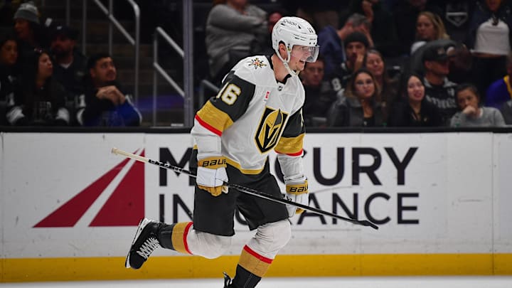 Feb 25, 2026; Los Angeles, California, USA; Vegas Golden Knights right wing Pavel Dorofeyev (16) celebrates his goal scored against the Los Angeles Kings during the third period at Crypto.com Arena. Mandatory Credit: Gary A. Vasquez-Imagn Images