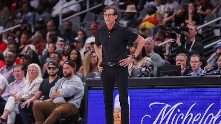 Mar 23, 2025; Atlanta, Georgia, USA; Atlanta Hawks head coach Quin Snyder on the sideline against the Philadelphia 76ers in the fourth quarter at State Farm Arena. Mandatory Credit: Brett Davis-Imagn Images