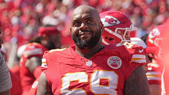 Aug 17, 2024; Kansas City, Missouri, USA; Kansas City Chiefs defensive tackle Mike Pennel Jr. (69) on the sidelines against the Detroit Lions during the game at GEHA Field at Arrowhead Stadium. Mandatory Credit: Denny Medley-Imagn Images Aug 17, 2024; Kansas City, Missouri, USA; Kansas City Chiefs defensive tackle Mike Pennel Jr. (69) on the sidelines against the Detroit Lions during the game at GEHA Field at Arrowhead Stadium. Mandatory Credit: Denny Medley-Imagn Images