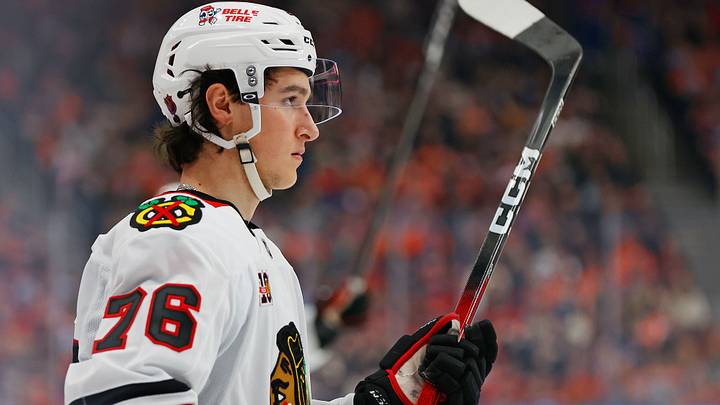 Apr 2, 2026; Edmonton, Alberta, CAN; Chicago Blackhawks forward Nick Lardis (76) waits for the play to begin against the Edmonton Oilers at Rogers Place. Mandatory Credit: Perry Nelson-Imagn Images