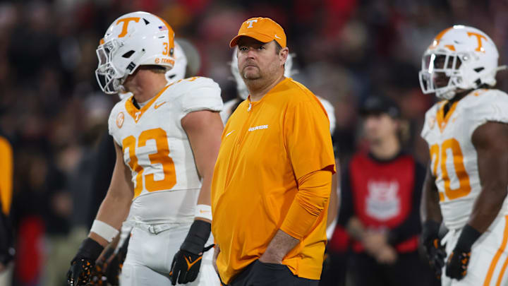 Nov 16, 2024; Athens, Georgia, USA; Tennessee Volunteers head coach Josh Heupel on the field before a game against the Georgia Bulldogs at Sanford Stadium. Mandatory Credit: Brett Davis-Imagn Images