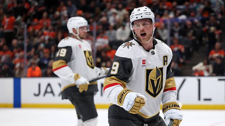 May 14, 2026; Anaheim, California, USA; Vegas Golden Knights center Jack Eichel (9) reacts to a play during the third period against the Anaheim Ducks in game six of the second round of the 2026 Stanley Cup Playoffs at Honda Center. Mandatory Credit: Kiyoshi Mio-Imagn Images May 14, 2026; Anaheim, California, USA; Vegas Golden Knights center Jack Eichel (9) reacts to a play during the third period against the Anaheim Ducks in game six of the second round of the 2026 Stanley Cup Playoffs at Honda Center. Mandatory Credit: Kiyoshi Mio-Imagn Images