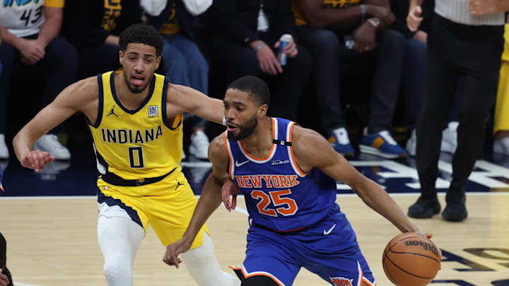 New York Knicks forward Mikal Bridges drives to the hoop past Indiana Pacers guard Tyrese Haliburton. Mandatory Credit: Trevor Ruszkowski-Imagn Images New York Knicks forward Mikal Bridges drives to the hoop past Indiana Pacers guard Tyrese Haliburton. Mandatory Credit: Trevor Ruszkowski-Imagn Images