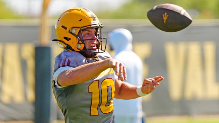 Arizona State quarterback Sam Leavitt (10) throws a pass during the first day of fall practice in Tempe, Ariz. on July 30, 2025. Arizona State quarterback Sam Leavitt (10) throws a pass during the first day of fall practice in Tempe, Ariz. on July 30, 2025.