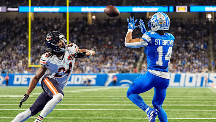 Detroit Lions wide receiver Amon-Ra St. Brown beats Nick McCloud for a second-quarter touchdown at Detroit in Week 2. Detroit Lions wide receiver Amon-Ra St. Brown beats Nick McCloud for a second-quarter touchdown at Detroit in Week 2.
