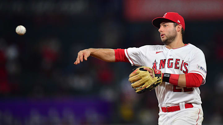 Sep 26, 2023; Anaheim, California, USA; Former Los Angeles Angels second baseman David Fletcher (22) throws.