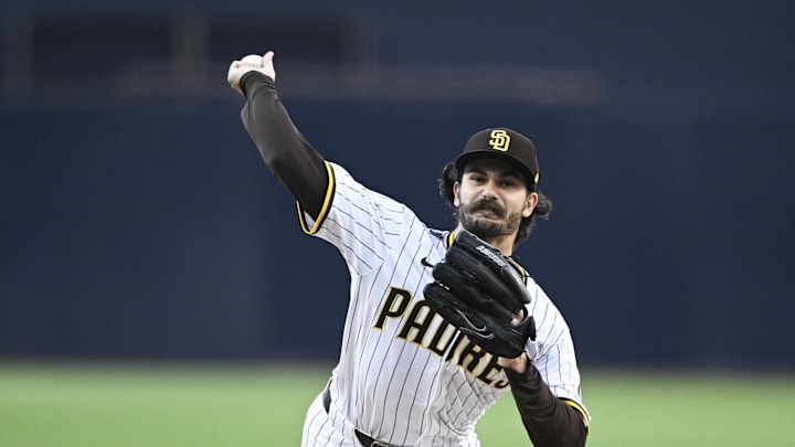 Jul 28, 2025; San Diego, California, USA; San Diego Padres starting pitcher Dylan Cease (84) delivers during the first inning against the New York Mets at Petco Park. Mandatory Credit: Denis Poroy-Imagn Images