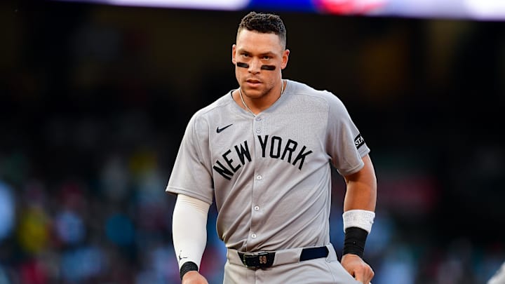 May 27, 2025; Anaheim, California, USA; New York Yankees right fielder Aaron Judge (99) reacts after grounding out to end the top of the third inning at Angel Stadium. Mandatory Credit: Gary A. Vasquez-Imagn Images