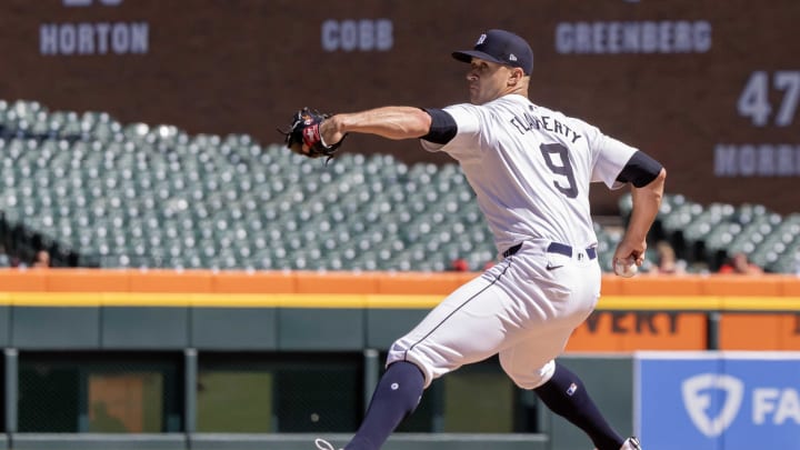 Apr 30, 2024; Detroit, Michigan, USA; Detroit Tigers starting pitcher Jack Flaherty (9) delivers