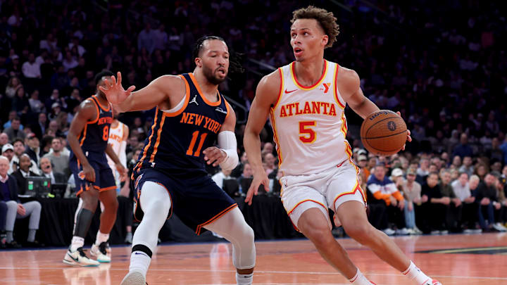 Dec 11, 2024; New York, New York, USA; Atlanta Hawks guard Dyson Daniels (5) drives to the basket against New York Knicks guard Jalen Brunson (11) during the second quarter at Madison Square Garden. Mandatory Credit: Brad Penner-Imagn Images Dec 11, 2024; New York, New York, USA; Atlanta Hawks guard Dyson Daniels (5) drives to the basket against New York Knicks guard Jalen Brunson (11) during the second quarter at Madison Square Garden. Mandatory Credit: Brad Penner-Imagn Images
