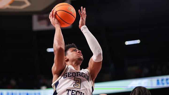 Jan 24, 2026; Atlanta, Georgia, USA; Georgia Tech Yellow Jackets guard Jaeden Mustaf (3) shoots against the Clemson Tigers in the second half at McCamish Pavilion. Mandatory Credit: Brett Davis-Imagn Images
Jan 24, 2026; Atlanta, Georgia, USA; Georgia Tech Yellow Jackets guard Jaeden Mustaf (3) shoots against the Clemson Tigers in the second half at McCamish Pavilion. Mandatory Credit: Brett Davis-Imagn Images