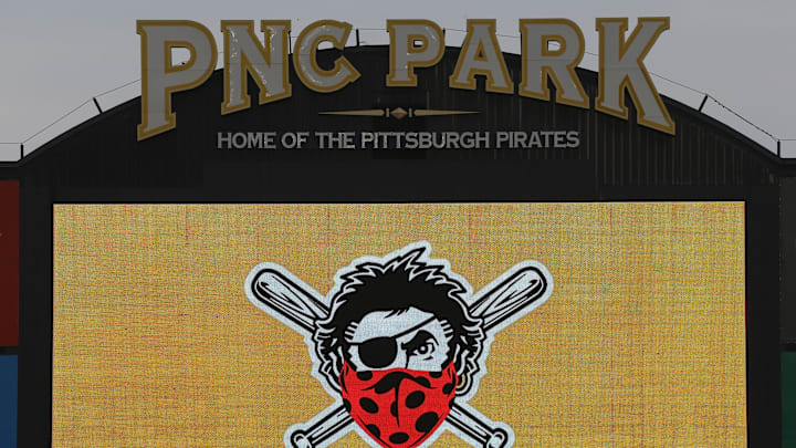Jul 7, 2020; Pittsburgh, Pennsylvania, United States; General view of the Pirates logo on the scoreboard reimagined for COVID-19 mask wearing measures as the Pittsburgh Pirates participate in Summer Training workouts at PNC Park. Mandatory Credit: Charles LeClaire-Imagn Images Jul 7, 2020; Pittsburgh, Pennsylvania, United States; General view of the Pirates logo on the scoreboard reimagined for COVID-19 mask wearing measures as the Pittsburgh Pirates participate in Summer Training workouts at PNC Park. Mandatory Credit: Charles LeClaire-Imagn Images