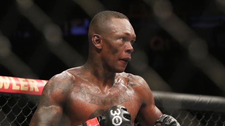 Sep 9, 2023; Sydney, NSW, AUSTRALIA; Israel Adesanya reacts during his fight with Sean Strickland (not pictured) in UFC 293 at Qudos Bank Arena. Mandatory Credit: Jasmin Frank-Imagn Images