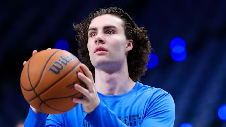 May 11, 2024; Dallas, Texas, USA; Oklahoma City Thunder guard Josh Giddey (3) warms up before game three of the second round for the 2024 NBA playoffs against the Dallas Mavericks at American Airlines Center. Mandatory Credit: Kevin Jairaj-USA TODAY Sports