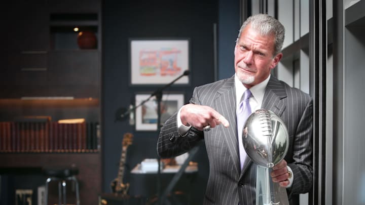 Late Indianapolis Colts owner and CEO Jim Irsay holds the 2006 Super Bowl XLI trophy in his office. Late Indianapolis Colts owner and CEO Jim Irsay holds the 2006 Super Bowl XLI trophy in his office.