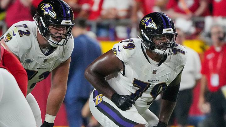 Sep 5, 2024; Kansas City, Missouri, USA; Baltimore Ravens offensive tackle Ronnie Stanley (79) at the line of scrimmage against the Kansas City Chiefs during the game at GEHA Field at Arrowhead Stadium. Mandatory Credit: Denny Medley-Imagn Images Sep 5, 2024; Kansas City, Missouri, USA; Baltimore Ravens offensive tackle Ronnie Stanley (79) at the line of scrimmage against the Kansas City Chiefs during the game at GEHA Field at Arrowhead Stadium. Mandatory Credit: Denny Medley-Imagn Images