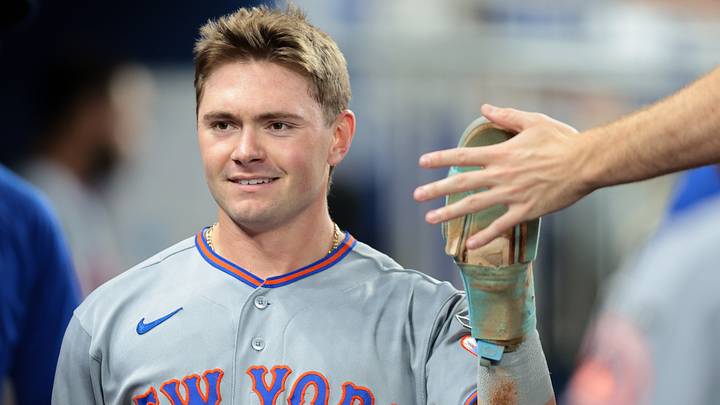 New York Mets center fielder A.J. Ewing (9) celebrates after scoring against the Miami Marlins during the third inning at loanDepot Park. New York Mets center fielder A.J. Ewing (9) celebrates after scoring against the Miami Marlins during the third inning at loanDepot Park.