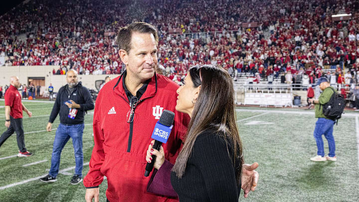 Nov 9, 2024; Bloomington, Indiana, USA; Indiana Hoosiers head coach Curt Cignetti  talks to a reporter after the game against the Michigan Wolverines  at Memorial Stadium. Mandatory Credit: Trevor Ruszkowski-Imagn Images