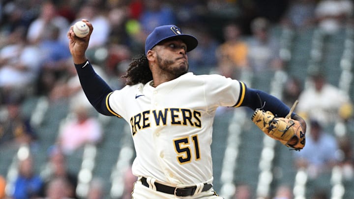 Aug 7, 2023; Milwaukee, Wisconsin, USA; Milwaukee Brewers starting pitcher Freddy Peralta (51)